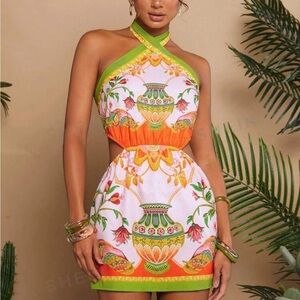Holiday Woven Print Spaghetti Strap Mini Dress With Waist Cut-Out For Women